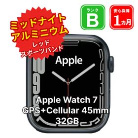 【 中古 】Apple Watch 7 GPS+Cellular 45mm MKMJ3J/A ミッドナイトアルミニウム レッドスポーツバンド【SIMフリー】磁気充電ケーブル無 1ヵ月保証 【レビュー特典：延長保証】