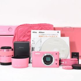 ショット数6164回 美品 Nikon 1 J1 ピンク + 30-110mm F3.8-5.6 VR レンズキット 元箱、付属品多数 YM5029#177