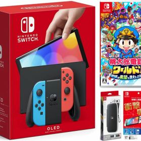 【無料ラッピング対応】Nintendo Switch(有機ELモデル) Joy-Con(L)/(R) ネオン+ 桃太郎電鉄ワールド ~地球は希望でまわってる! ~（ソフト）+ キャリングケース+保護フィルム任天堂スイッチ 本体クリスマスクリスマスラッピングお誕生日