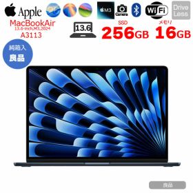 【中古パソコン】Apple MacBook Air 13.6inch MC8K4J/A A3113 2024 TouchID [Apple M3 8コア 16GB SSD256GB 無線 BT カメラ Midnight 純箱] ：良品