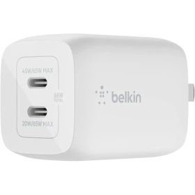 Belkin 充電器 USB-C 2ポート PPS規格対応 GaN採用 小型 ACアダプター タイプC 急速充電 軽量【PD3.0対応 / PSE認証/折りたたみ式プラグ】65W(45W+20W) MacBook Windows PC Surface Pr 1