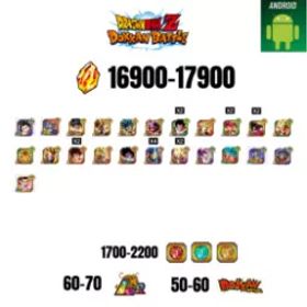 [海外][アンドロイド] 16900-17900ストーン | 悟飯 |ガンマ1 |23文字 |60-70 LR + 50-60 ドッカン祭 |1700-2200コイン