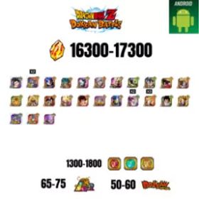 [海外][アンドロイド] 16300-17300ストーン | 悟飯 |ガンマ1 |25文字 |65-75 LR + 50-60 ドッカン祭 |1300-1800コイン