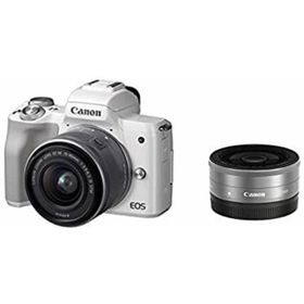 Canon キヤノン ミラーレス一眼 EOS Kiss M ホワイト ダブルレンズキット EF?M22mm F2 STM/EF-M15-45mm F3.5-6.3 IS STM付属 EOSKISSMWH-WLK-A(ミラーレス一眼)