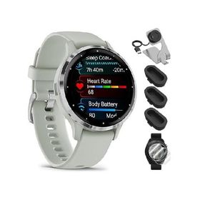 Garmin 010-02785-01 Venu 3S Health Fitness GPS Smartwatch Steel Bezel with Sage Gray Case 41mm Bundle with Deco Essentials Charging Dock, Dust Cover 3