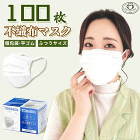 【送料無料】マスク 平ゴム ひも式 100枚 1枚づつ 個包装 不織布 在庫あり 普通サイズ 小さめサイズ 箱 耳が痛くならない 個別包装 使い捨て 使い捨てマスク ノーズワイヤー付き 男女兼用 立体 大人用 3層構造 飛沫対策 花粉対策 幅広耳紐 ホワイト TOWA 東和 PL保険加入済