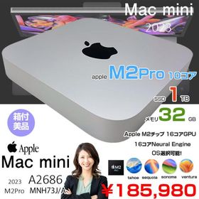 【中古パソコン】Apple Mac mini MNH73J/A A2686 M2 Pro 2023 小型デスク 選べるOS [Apple M2 Pro 10コア メモリ32GB SSD1TB 無線 BT シルバー 純箱 ]：美品