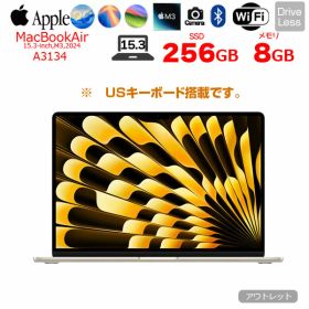【中古パソコン】Apple MacBook Air 13.6inch MRXT3J/A A3113 2024 USキー TouchID [Apple M3 8コア 8GB 256GBGB 無線 BT カメラStarlight] ：アウトレット