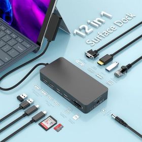 12 in 1 Microsoft Surface Dock, Surface Pro ドッキングステーション トリプルディスプレイ HDMI 4K VGA