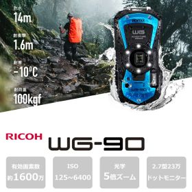 デジタルカメラ 1600万画素 WG-90 BLUE ペンタックス PENTAX デジカメ 2.7型モニター 防水 耐衝撃 防塵 耐寒 光学5倍ズーム ISO125〜6400 動画手振れ補正 水中撮影 LEDリングライト アウトドア デジタル顕微鏡