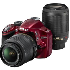 【中古】【非常に良い】Nikon デジタル一眼レフカメラ D3200 200mmダブルズームキット 18-55mm/55-200mm付属 レッド D3200WZ200RD