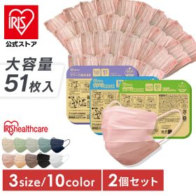 【2個セット】マスク 不織布 大容量 51枚 アイリスオーヤマ アイリスヘルスケア 小さめ ふつう 大きめ 不織布マスク プリーツ 白 カラー プリーツマスク カラーマスク おしゃれ 使い捨て 風邪 花粉 対策 ecoパッケージ PN-51