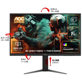 AOC Fast IPSパネル採用 4K対応27型ゲーミング液晶ディスプレイ MiniLED 160〜320Hz U27G4XM/11 単品購入のみ可（同一商品であれば複数購入可） クレジットカード 代金引換決済のみ