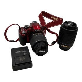 ■Nikon D3200 レッド ダブルズームキット 18-55mm 55-200mm レンズ2本 充電器付 シャッター回数3072446776,2446776
