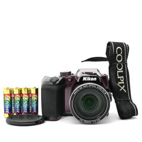 ＜並品＞ Nikon COOLPIX B500 プラム｜動作良好｜液晶コーティング剥がれ・キズあり（撮影影響なし）｜新品単3電池付きですぐ使える便利セット
