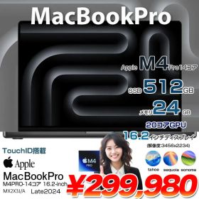 【中古パソコン】Apple MacBook Pro 16inch MX2X3J/A A3403 2024 OS [Apple M4 Pro 14コアCPU 20コアGPU 24GB 512GB 無線 BT カメラ 16.2 Space Black] :美品