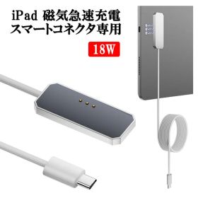 18W 対応 磁気急速充電アダプター iPad スマートコネクタ専用 マグネット式 背面充電 2m ケーブル USB-Cポート データ転送同時対応 iPad Air M2 M3 iPad Pro