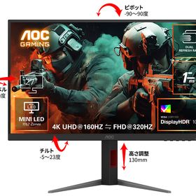 AOC｜エーオーシー U27G4XM/11 ゲーミング液晶ディスプレイ(27型/Fast IPS/4K 3840×2160/320Hz/1ms/HDR1000/HDMI2.1/DP1.4/VESA)(ブラッ