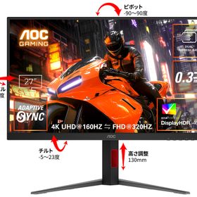 AOC｜エーオーシー U27G4/11 ゲーミング液晶ディスプレイ(27型/Fast IPS/4K 3840×2160/320Hz/0.3ms/HDR400/HDMI2.1/DP1.4/VESA)(ブラッ