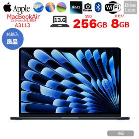 【中古パソコン】Apple MacBook Air 13.6inch MRXV3J/A A3113 2024 TouchID [Apple M3 8コア メモリ8GB SSD256GB 無線 BT カメラ Midnight 純箱] ：良品