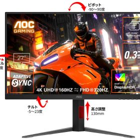 AOC｜エーオーシー ゲーミング液晶ディスプレイ(27型/Fast IPS/4K 3840×2160/320Hz/0.3ms/HDR400/HDMI2.1/DP1.4/VESA)(ブラック) U27G4/11
