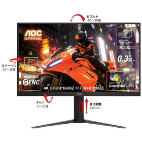 AOC U27G4/11 [27型ゲーミング液晶ディスプレイ/3840×2160/HDMI、DisplayPort/スピーカー：なし/160・320Hz]