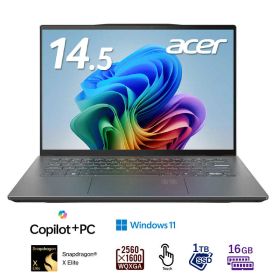 acer Swift 14 AI SF14-11T-A96Z/F 14.5 型(インチ), CPU:Snapdragon X Elite X1E-78-100 12コア, リフレッシュレート:120 Hz, メモリ容量:16GB, ストレージ容量: M.2 SSD 1TB, NPU: Qualcomm Hexagon 45 TOPS 展示品