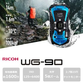 デジタルカメラ 1600万画素 WG-90 BLUE ペンタックス PENTAX デジカメ 2.7型モニター 防水 耐衝撃 防塵 耐寒 光学5倍ズーム ISO125〜6400 動画手振れ補正 水中撮影 LEDリングライト アウトドア デジタル顕微鏡