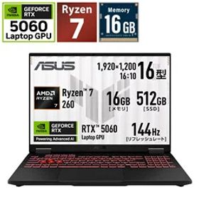 ASUS(エイスース) FA608UMI-R7R5060 ゲーミングノートパソコン TUF Gaming A16(RTX 5060) イェーガーグレー ［16.0型 /Windows11 Home /AMD Ryzen 7 /メモリ：16GB /SSD：512GB /日本語版キーボード /2026年4月モデル］ FA608UMIR7R5060