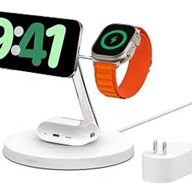 【中古】Belkin 3 in 1 MagSafe充電器 最大15W高速充電 ワイヤレス充電器 MagSafe公式認証 iPhone 15 / 14 / 13 / 12 Apple Watch 8/7/Ultra 高速充電対