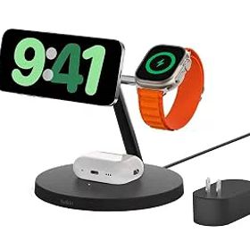 【中古】(非常に良い)Belkin 3 in 1 MagSafe充電器 最大15W高速充電 ワイヤレス充電器 MagSafe公式認証 iPhone 15 / 14 / 13 / 12 Apple Watch 8/7/Ultra 高速充電対