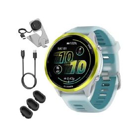 Garmin 010-02971-01 Forerunner 570-47mm GPS Smartwatch, Aluminum and Whitestone/Turquoise Band Bundle with Deco Essentials Charging Dock, 3X Silicone
