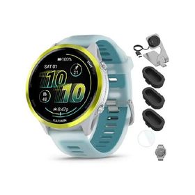 Garmin 010-02971-01 Forerunner 570-47mm GPS Smartwatch Aluminum and Whitestone/Turquoise Band Bundle with Deco Essentials Charging Dock, Silicone Dust
