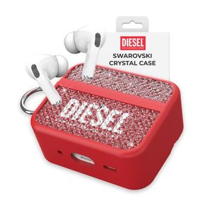 送料無料 DIESEL ディーゼル AirPodsPro 第2世代 ケース スワロフスキ クリスタル ワイヤレス充電対応 メタルリング付き ロゴ 衝撃 保護 カバー [ レッド 赤 ]