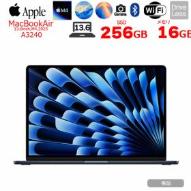 【中古パソコン】Apple MacBook Air 13.6inch MW123J/A A3240 2025 TouchID [Apple M4 10コア メモリ16GB SSD256GB 無線 BT カメラ 13.6型 Midnight 純箱 ] ：美品