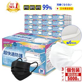 法人様限定価格！企業向け マスク 不織布マスク 個包装 5000枚(50枚×100箱) 使い捨て マスク 大人用 ふつう 175mm 男女兼用 3層マスク 平ゴム 耳が痛くならない 飛沫防止 ウイルス 花粉対策 白 冬マスク 防塵マスク 超快適防護 抗菌通気 息しやすい 送料無料 Hellozebra