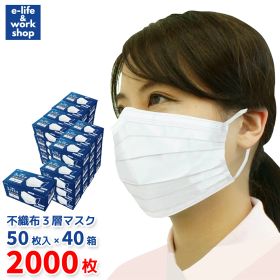 不織布マスク 2000枚入 （1箱50枚×40箱） 業務用 カケン試験済み ホワイト 男女兼用 フリーサイズ 白 感染防止 立体構造 レギュラーサイズ プリーツタイプ ふつうのマスク いつものマスク