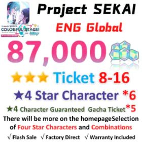 プロジェクトセカイカラフルステージ！ 87,000 Crystals | 6x[4 Star Character] | ★3Ticket*8-16 | [★4 Character Guaranteed Gacha Ticket] x5