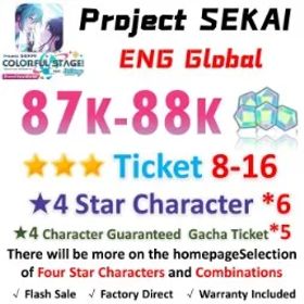 プロジェクトセカイカラフルステージ！ 87K Crystals | 6x[4 Star Character] | ★3Ticket*8-16 | [★4 Character Guaranteed Gacha Ticket] x5