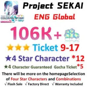 プロジェクトセカイカラフルステージ！ 106,000 Crystals | 12x[4 Star Character] | ★3Ticket*9-17 | [★4 Character Guaranteed Gacha Ticket] x5