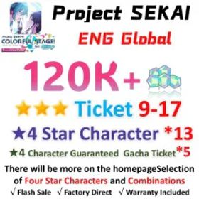 プロジェクトセカイカラフルステージ！ 120,000 Crystals | 13x[4 Star Character] | ★3Ticket*9-17 | [★4 Character Guaranteed Gacha Ticket] x5