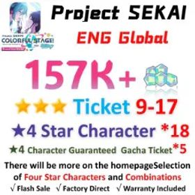 プロジェクトセカイカラフルステージ！ 157,000 Crystals | 18x[4 Star Character] | ★3Ticket*9-17 | [★4 Character Guaranteed Gacha Ticket] x5