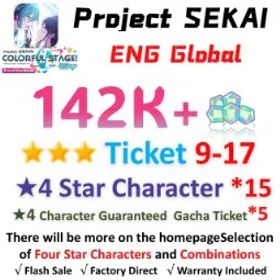 プロジェクトセカイカラフルステージ！ 142,000 Crystals | 15x[4 Star Character] | ★3Ticket*9-17 | [★4 Character Guaranteed Gacha Ticket] x5