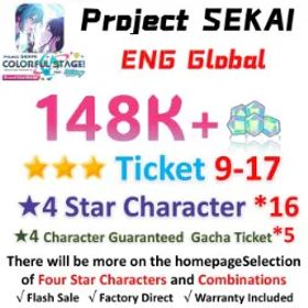 プロジェクトセカイカラフルステージ！ 148,000 Crystals | 16x[4 Star Character] | ★3Ticket*9-17 | [★4 Character Guaranteed Gacha Ticket] x5