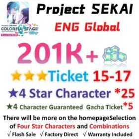 プロジェクトセカイカラフルステージ！ 201,000 Crystals | 25x[4 Star Character] | ★3Ticket*15-17 | [★4 Character Guaranteed Gacha Ticket] x5