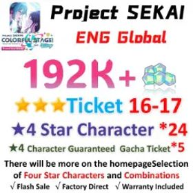 プロジェクトセカイカラフルステージ！ 192,000 Crystals | 24x[4 Star Character] | ★3Ticket*16-17 | [★4 Character Guaranteed Gacha Ticket] x5
