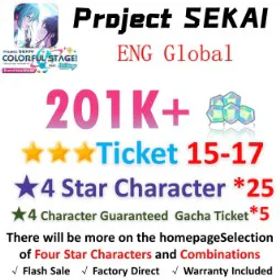 プロジェクトセカイカラフルステージ！ 201,000 Crystals | 25x[4 Star Character] | ★3Ticket*15-17 | [★4 Character Guaranteed Gacha Ticket] x5