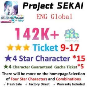 プロジェクトセカイカラフルステージ！ 142,000 Crystals | 15x[4 Star Character] | ★3Ticket*9-17 | [★4 Character Guaranteed Gacha Ticket] x5