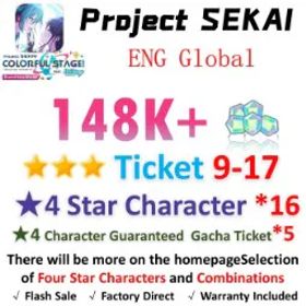 プロジェクトセカイカラフルステージ！ 148,000 Crystals | 16x[4 Star Character] | ★3Ticket*9-17 | [★4 Character Guaranteed Gacha Ticket] x5