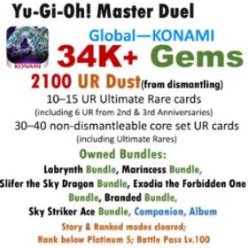 遊戯王マスターデュエル 34K Gems | 2,100 UR Dust in total (including 35–50 dismantleable URs) | Owned 8 Bundles Sets